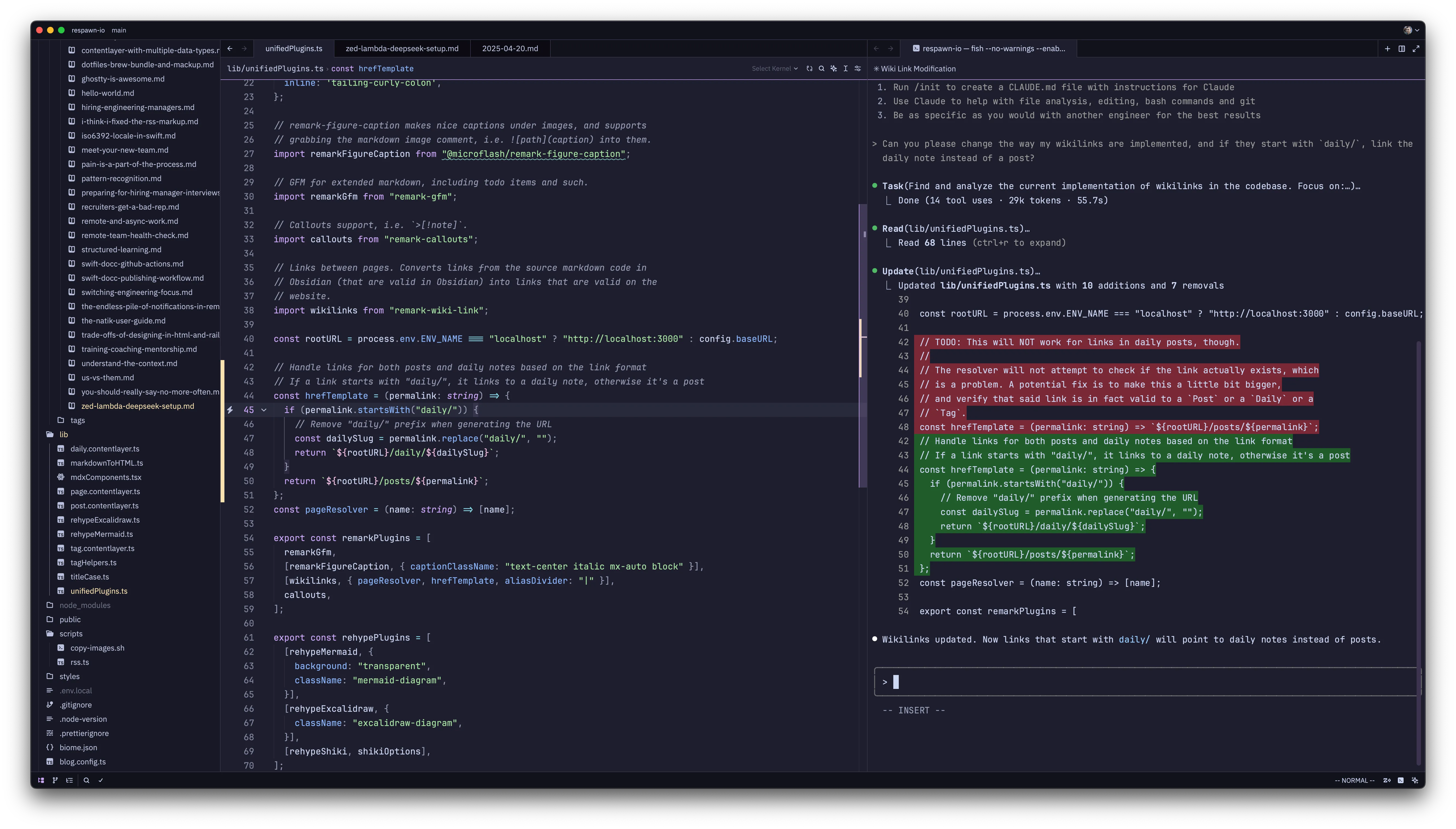 Zed with Claude in a vertical terminal pane